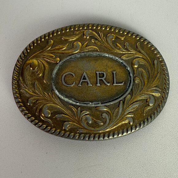 Vintage The Kinney Co 1977 Metal Cowboy Belt Buckle Embossed Design Name Carl - Picture 1 of 16